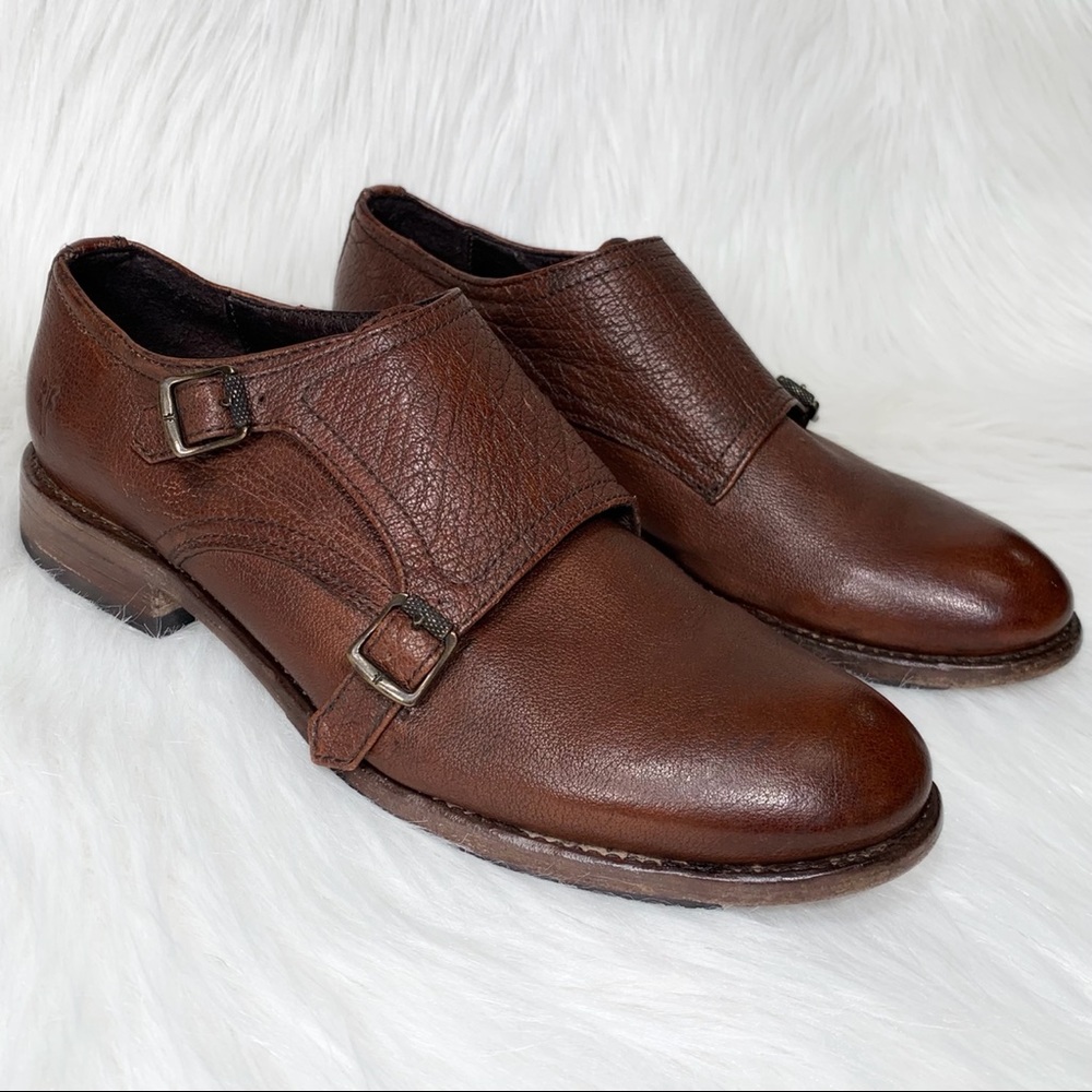 SOLD-Frye Leather Womens Buckled Oxford Flats, Menswear-Inspired Cognac Loafer - Picture 7 of 13